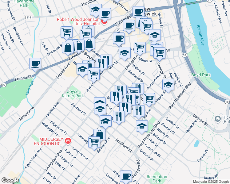 map of restaurants, bars, coffee shops, grocery stores, and more near 216 Seaman Street in New Brunswick