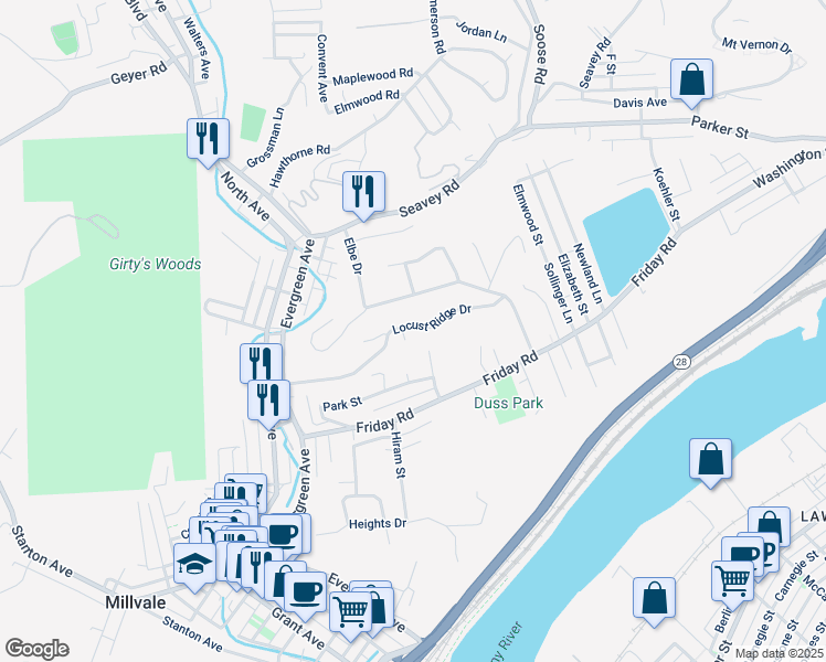 map of restaurants, bars, coffee shops, grocery stores, and more near 743 Locust Ridge Drive in Pittsburgh