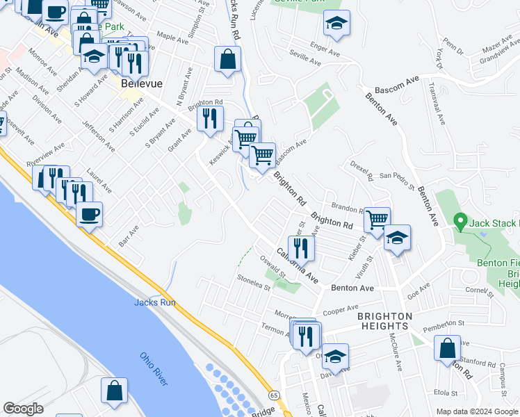 map of restaurants, bars, coffee shops, grocery stores, and more near 1828 Winhurst Street in Pittsburgh