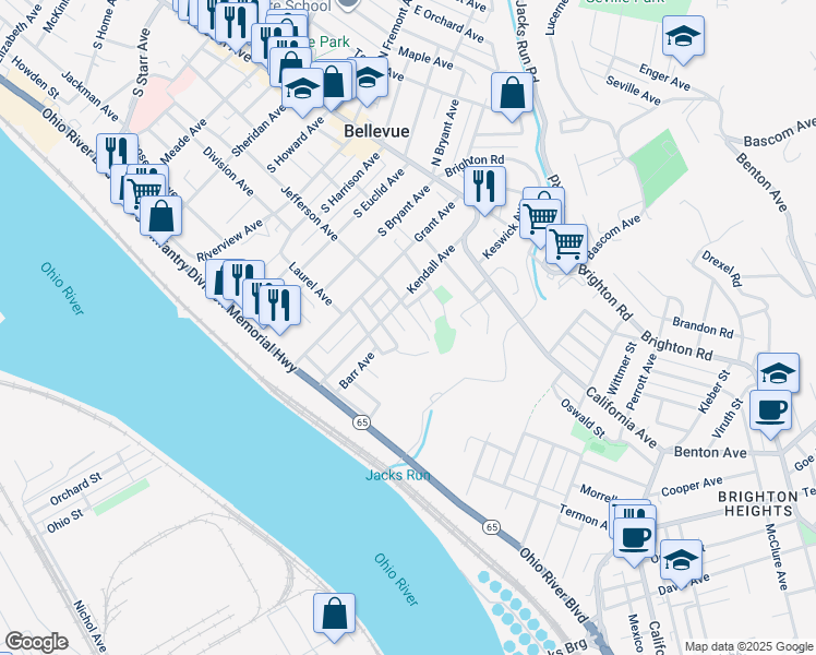 map of restaurants, bars, coffee shops, grocery stores, and more near 117 Crawford Avenue in Pittsburgh