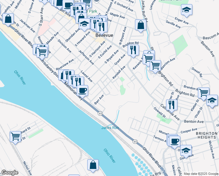 map of restaurants, bars, coffee shops, grocery stores, and more near 117 Crawford Avenue in Pittsburgh