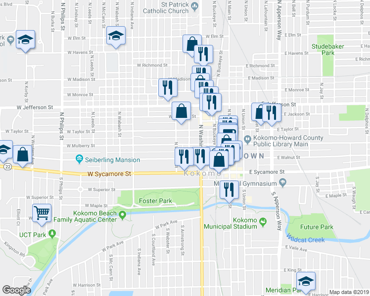 map of restaurants, bars, coffee shops, grocery stores, and more near 321 West Mulberry Street in Kokomo