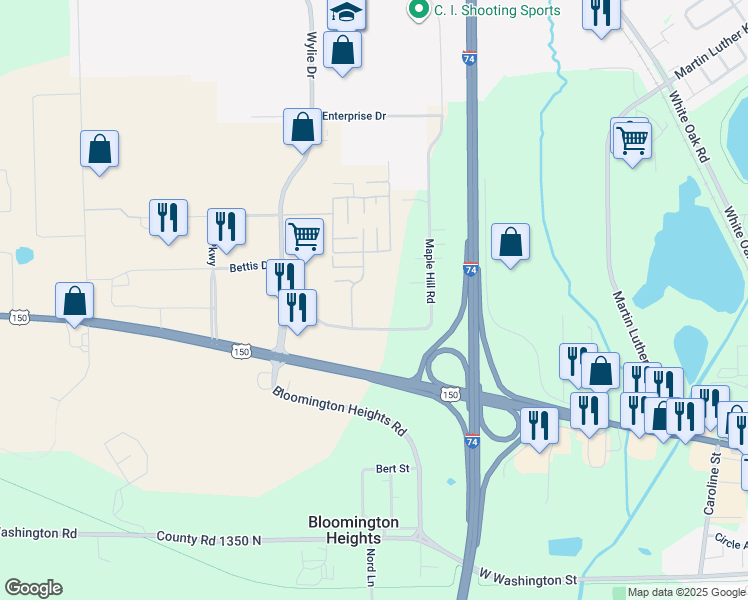 map of restaurants, bars, coffee shops, grocery stores, and more near 112 Masters Drive in Bloomington