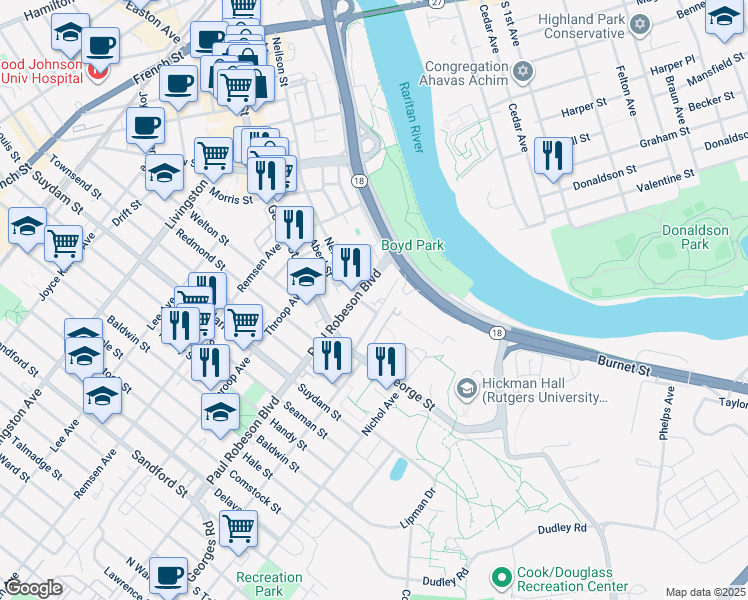 map of restaurants, bars, coffee shops, grocery stores, and more near 10 Commercial Avenue in New Brunswick