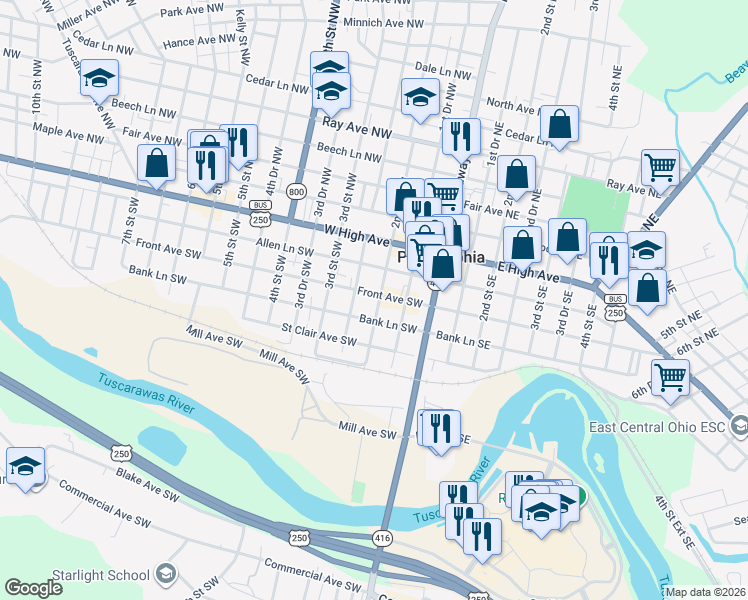 map of restaurants, bars, coffee shops, grocery stores, and more near 202 2nd Street Southwest in New Philadelphia