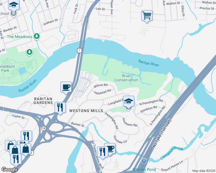 map of restaurants, bars, coffee shops, grocery stores, and more near 49 Wilcox Road in New Brunswick