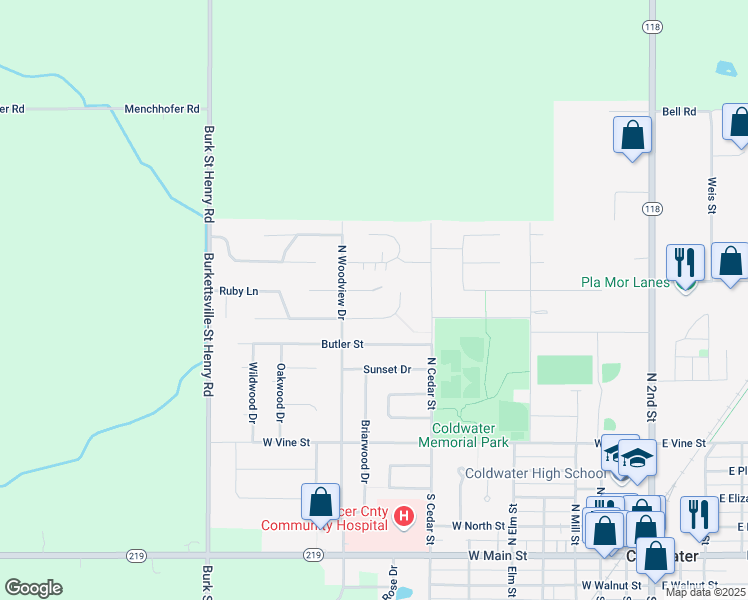 map of restaurants, bars, coffee shops, grocery stores, and more near 801 Opal Drive in Coldwater
