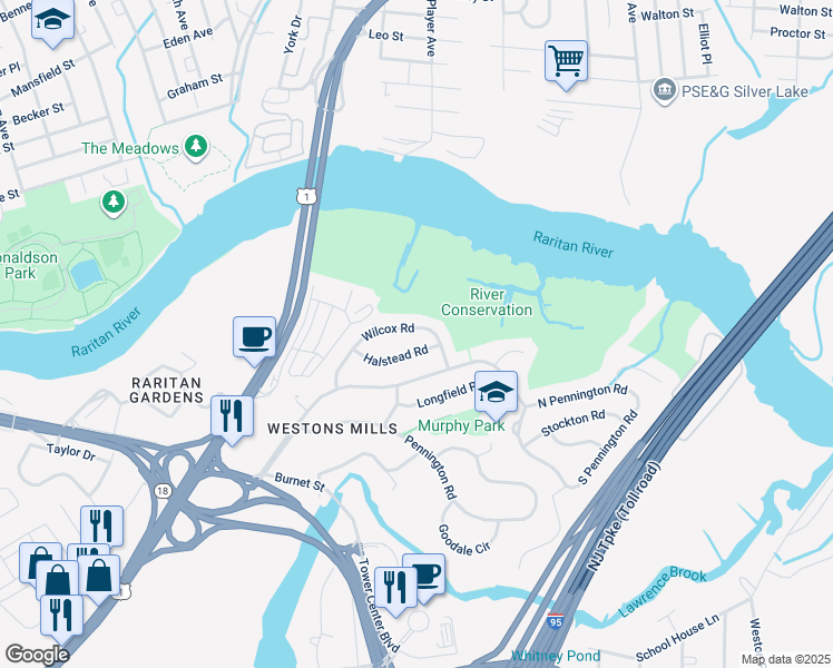 map of restaurants, bars, coffee shops, grocery stores, and more near 49 Wilcox Road in New Brunswick