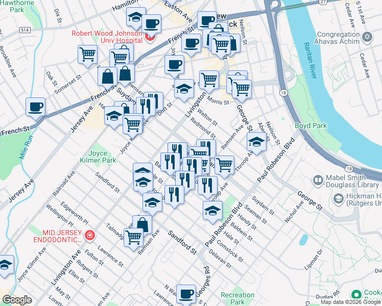 map of restaurants, bars, coffee shops, grocery stores, and more near 54 Lee Avenue in New Brunswick
