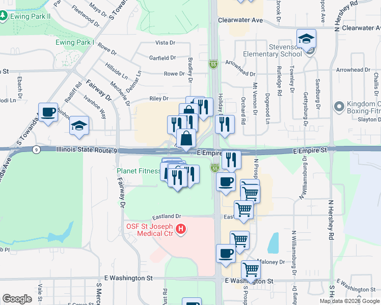 map of restaurants, bars, coffee shops, grocery stores, and more near 1631 East Empire Street in Bloomington