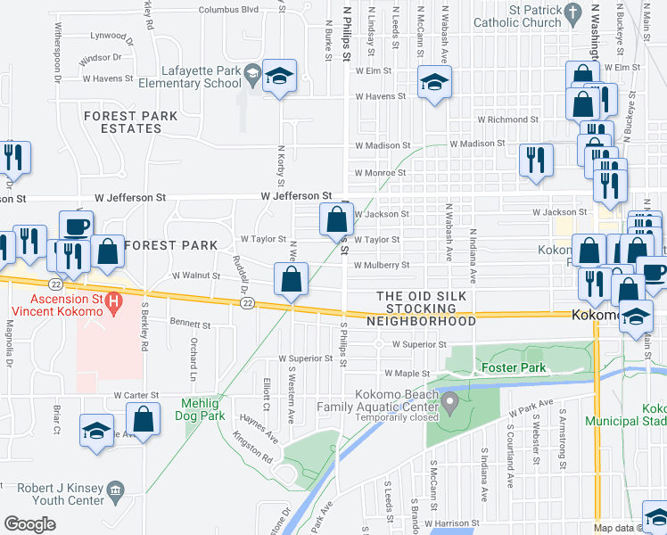 map of restaurants, bars, coffee shops, grocery stores, and more near 1301 West Mulberry Street in Kokomo