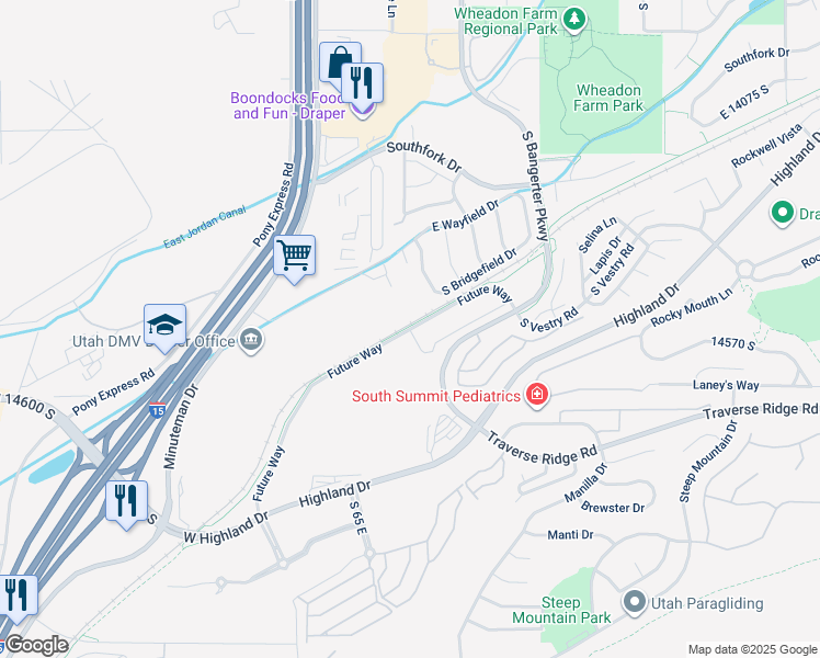 map of restaurants, bars, coffee shops, grocery stores, and more near Porter Rockwell Trail in Draper