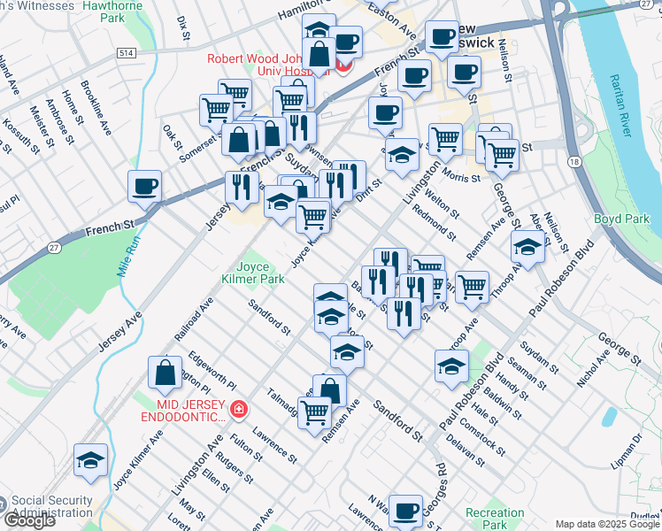 map of restaurants, bars, coffee shops, grocery stores, and more near 218 Baldwin Street in New Brunswick