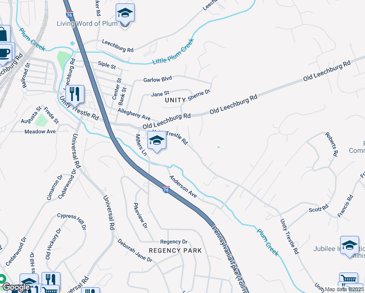 map of restaurants, bars, coffee shops, grocery stores, and more near 520 Unity Trestle Road in Pittsburgh