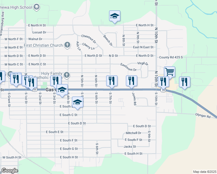 map of restaurants, bars, coffee shops, grocery stores, and more near 601-675 Highway 22 in Gas City