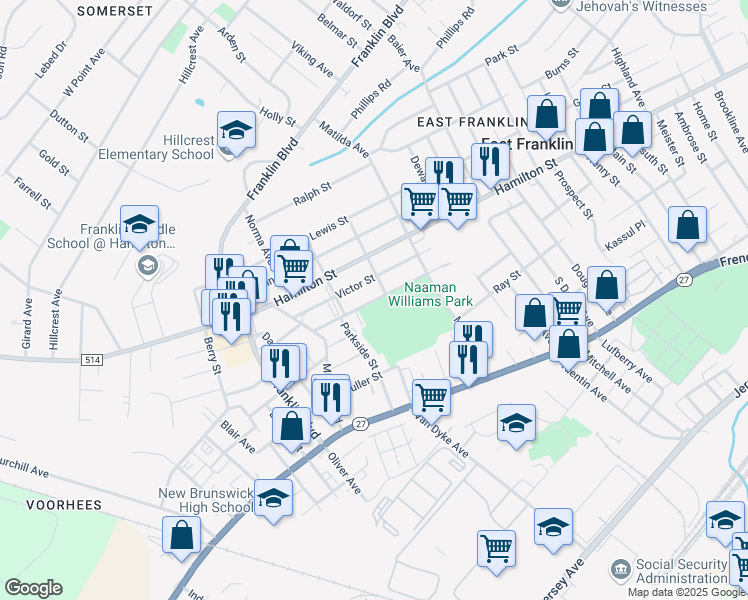 map of restaurants, bars, coffee shops, grocery stores, and more near 135 Mark Street in Franklin Township