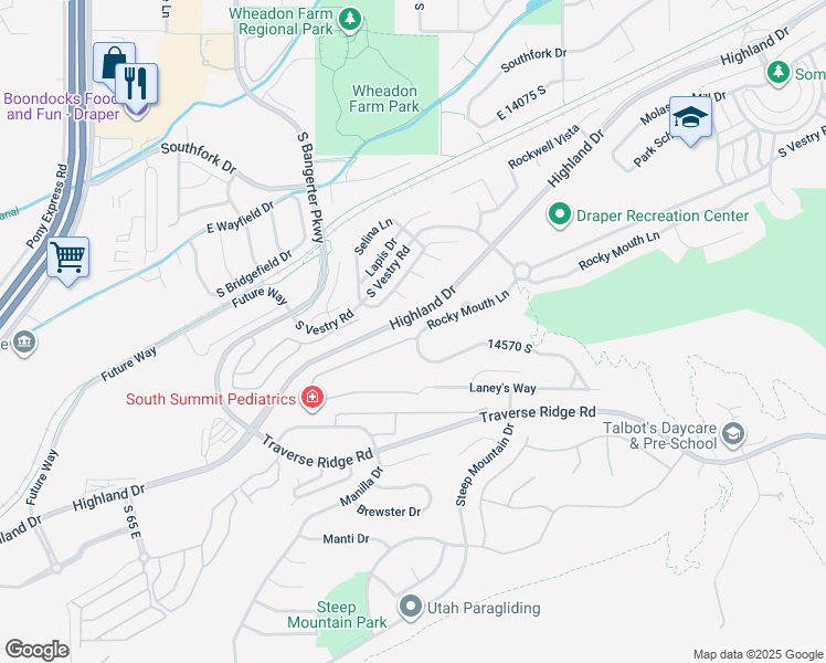 map of restaurants, bars, coffee shops, grocery stores, and more near 455 Rocky Mouth Lane in Draper