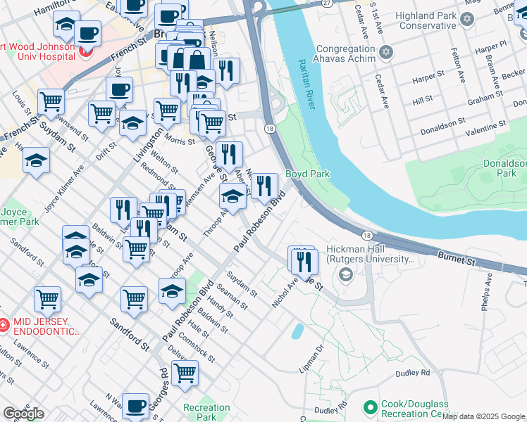 map of restaurants, bars, coffee shops, grocery stores, and more near 51 Paul Robeson Boulevard in New Brunswick