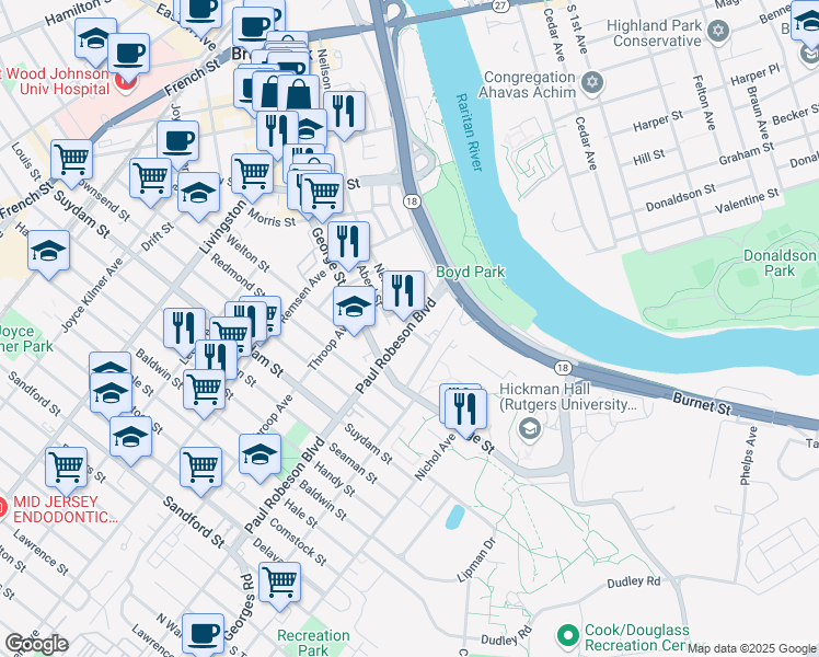 map of restaurants, bars, coffee shops, grocery stores, and more near 51 Paul Robeson Boulevard in New Brunswick