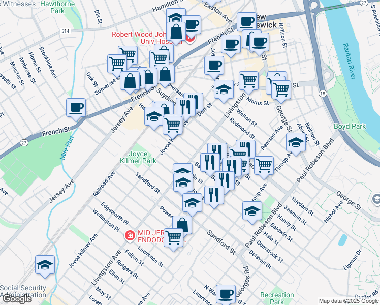 map of restaurants, bars, coffee shops, grocery stores, and more near in New Brunswick
