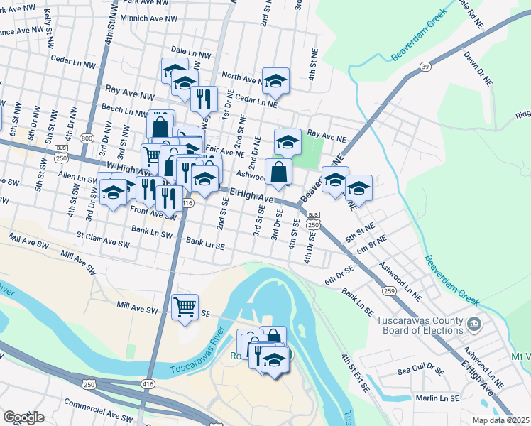 map of restaurants, bars, coffee shops, grocery stores, and more near 309 Allen Lane Southeast in New Philadelphia