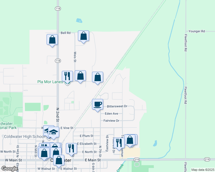 map of restaurants, bars, coffee shops, grocery stores, and more near 723 Lilac Drive in Coldwater