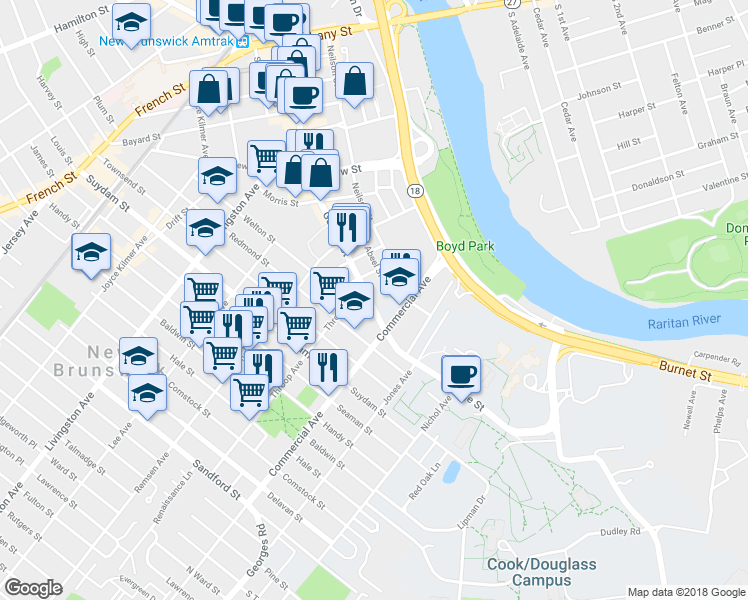map of restaurants, bars, coffee shops, grocery stores, and more near 189 George Street in New Brunswick