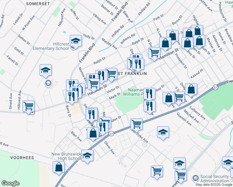 map of restaurants, bars, coffee shops, grocery stores, and more near 137 Mark Street in Franklin Township