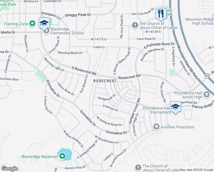 map of restaurants, bars, coffee shops, grocery stores, and more near 14492 Windom Road in Herriman