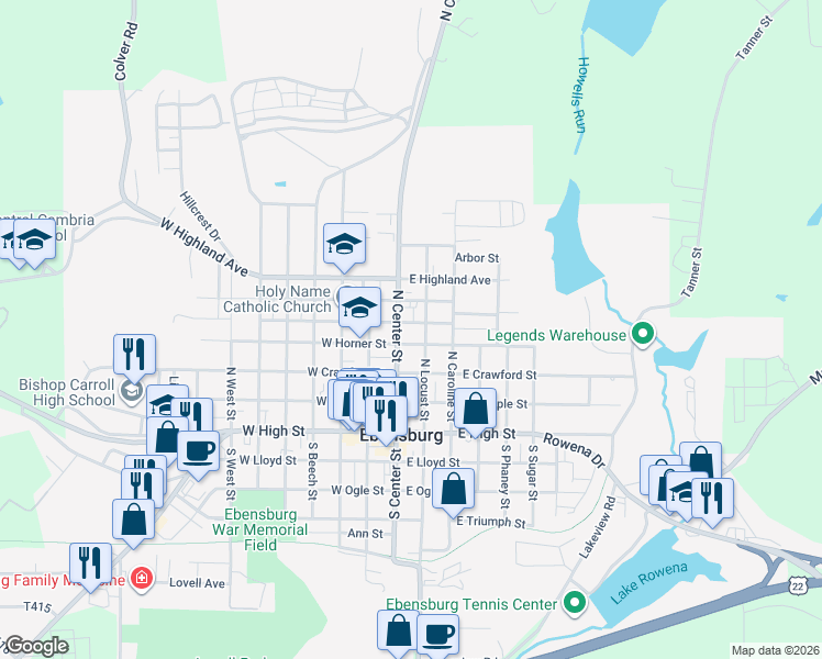 map of restaurants, bars, coffee shops, grocery stores, and more near 115-199 East Horner Street in Ebensburg
