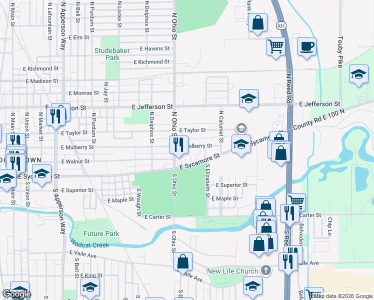 map of restaurants, bars, coffee shops, grocery stores, and more near 1221 E Mulberry St in Kokomo