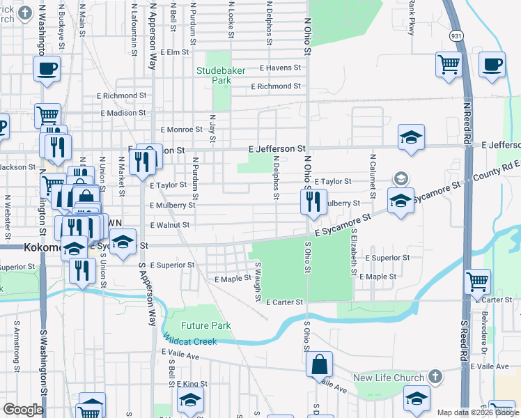 map of restaurants, bars, coffee shops, grocery stores, and more near 929 East Mulberry Street in Kokomo