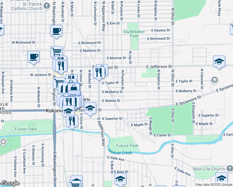map of restaurants, bars, coffee shops, grocery stores, and more near 210 Longview Street in Kokomo