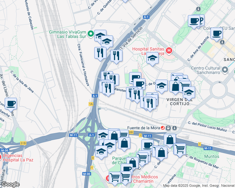 map of restaurants, bars, coffee shops, grocery stores, and more near 12 Avenida de Manoteras in Madrid