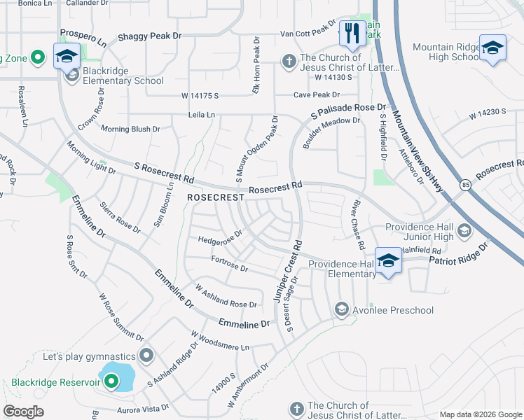 map of restaurants, bars, coffee shops, grocery stores, and more near 14479 Entrada Rim Lane in Herriman