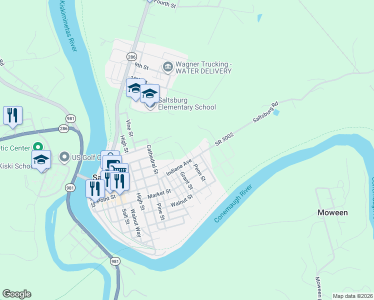 map of restaurants, bars, coffee shops, grocery stores, and more near 801 Indiana Avenue in Saltsburg