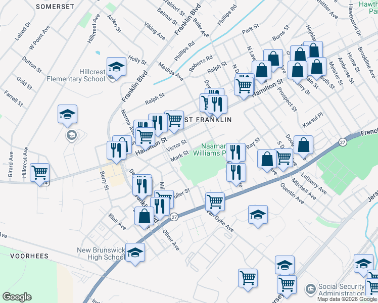 map of restaurants, bars, coffee shops, grocery stores, and more near 131 Mark Street in Franklin Township