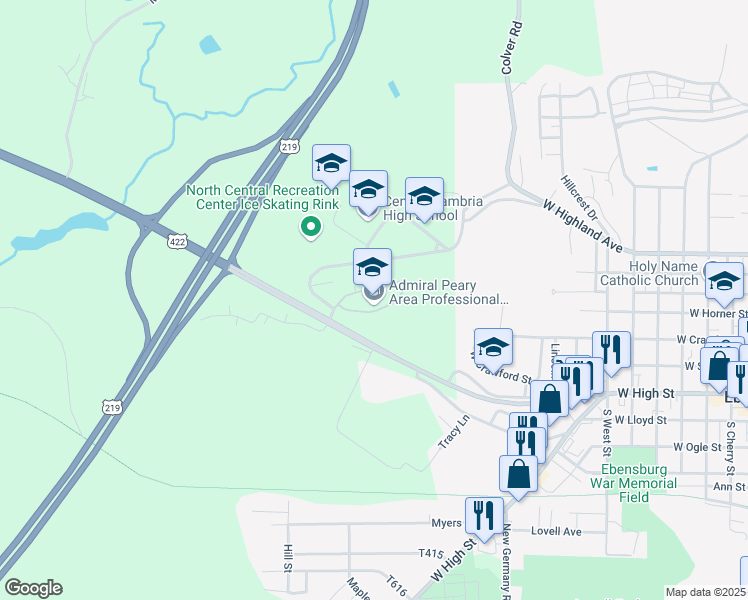 map of restaurants, bars, coffee shops, grocery stores, and more near 948 Benjamin Franklin Highway in Ebensburg