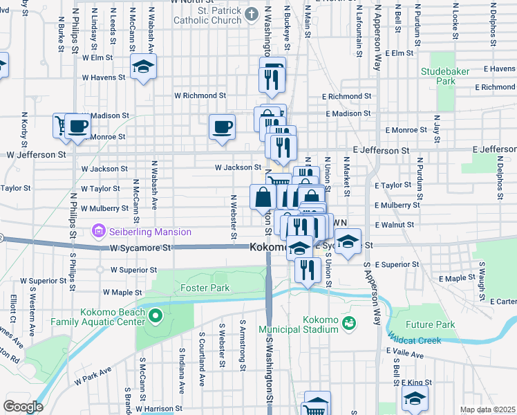 map of restaurants, bars, coffee shops, grocery stores, and more near 321 W Mulberry St in Kokomo