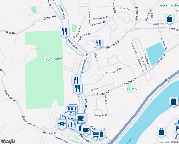 map of restaurants, bars, coffee shops, grocery stores, and more near 124 Dorf Drive in Pittsburgh