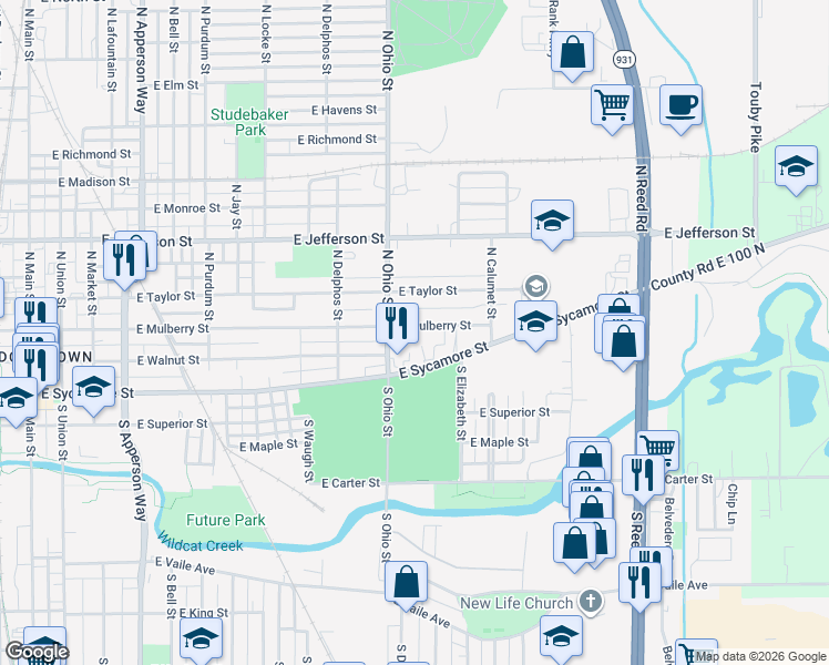 map of restaurants, bars, coffee shops, grocery stores, and more near 1221 East Mulberry Street in Kokomo