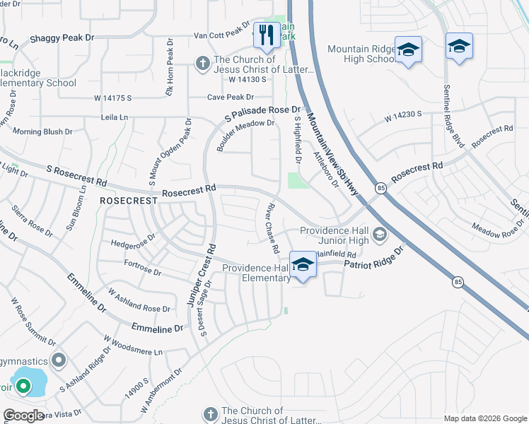 map of restaurants, bars, coffee shops, grocery stores, and more near 14482 River Chase Road in Herriman