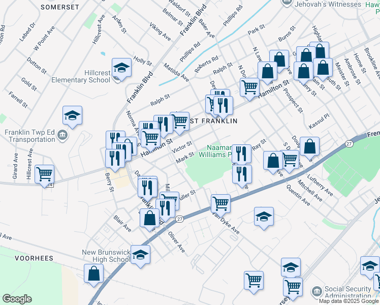 map of restaurants, bars, coffee shops, grocery stores, and more near 135 Mark Street in Franklin Township