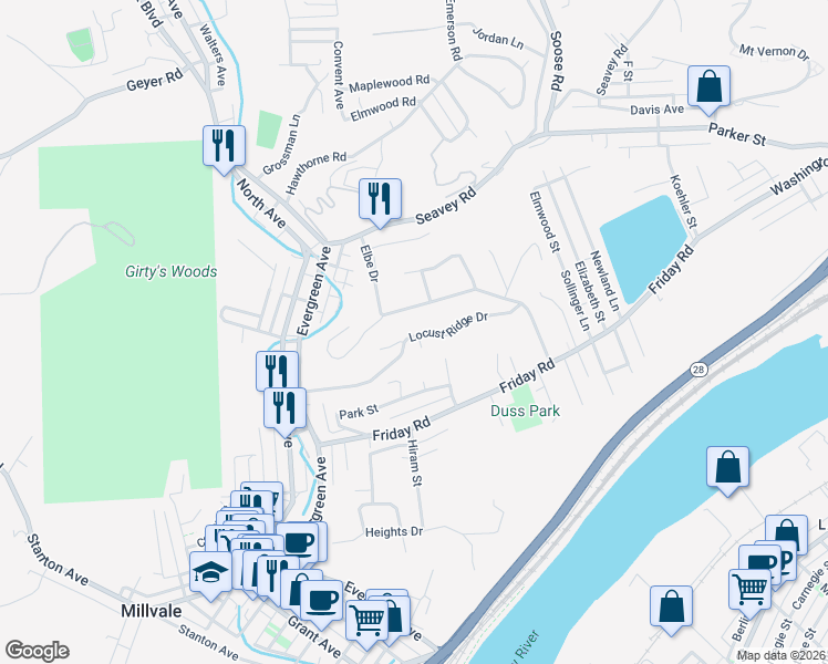 map of restaurants, bars, coffee shops, grocery stores, and more near 777 Locust Ridge Drive in Pittsburgh