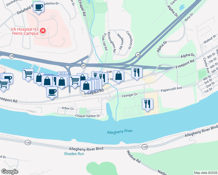 map of restaurants, bars, coffee shops, grocery stores, and more near 1150 Freeport Road in Pittsburgh