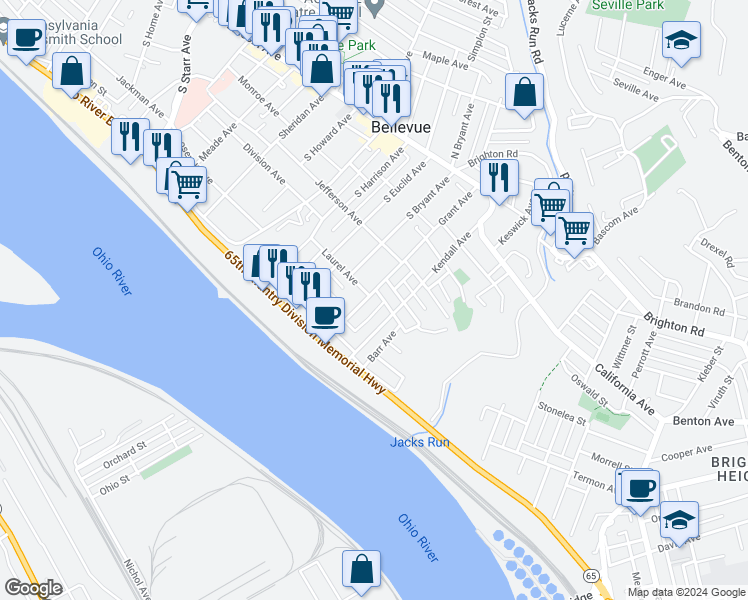 map of restaurants, bars, coffee shops, grocery stores, and more near 181 Grant Avenue in Bellevue