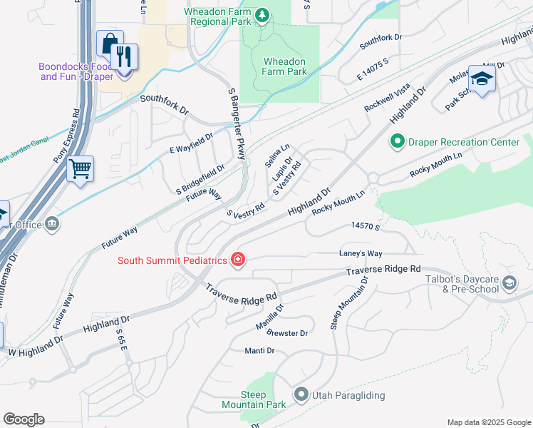 map of restaurants, bars, coffee shops, grocery stores, and more near 14499 Triton Quest Way in Draper