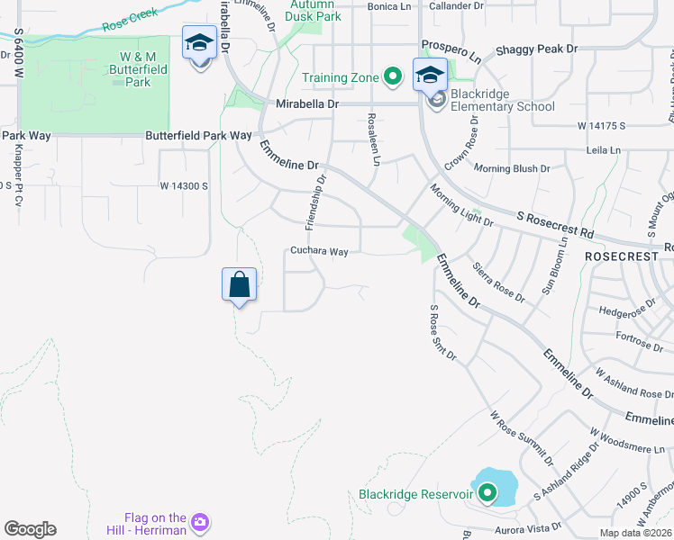 map of restaurants, bars, coffee shops, grocery stores, and more near 14459 Steamboat Circle in Herriman