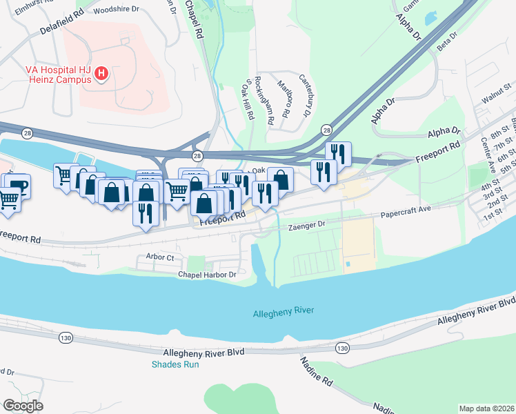 map of restaurants, bars, coffee shops, grocery stores, and more near 1150 Freeport Road in Pittsburgh