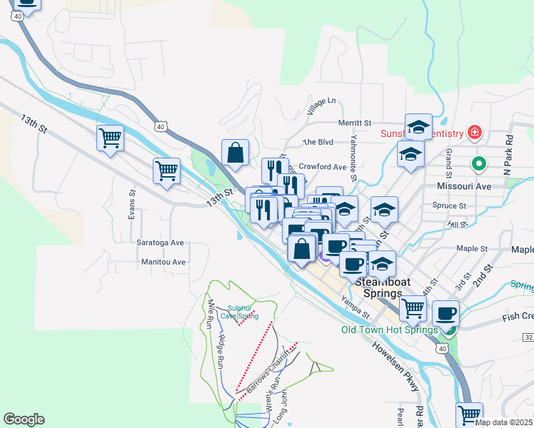 map of restaurants, bars, coffee shops, grocery stores, and more near 1136 Yampa Street in Steamboat Springs